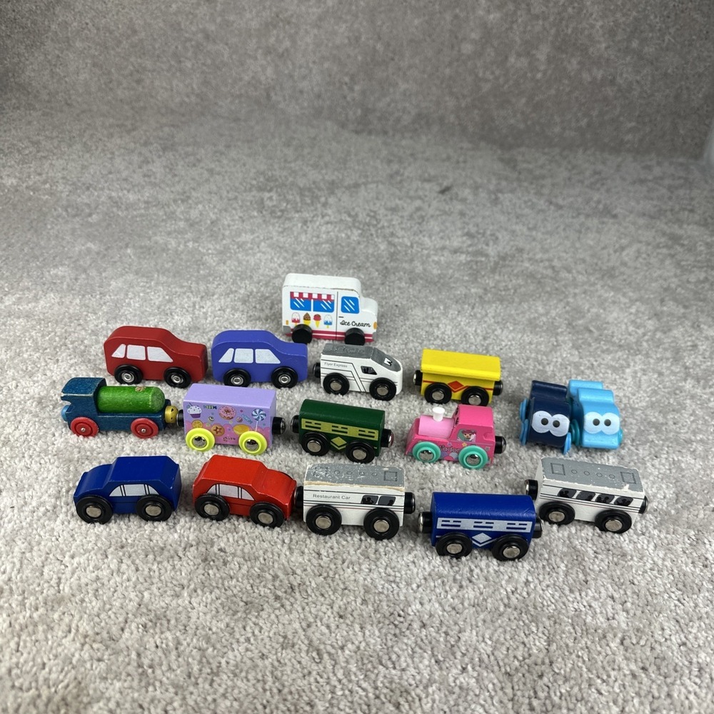 Lot of 16 Various Brands of Wooden Cars/Train Cars